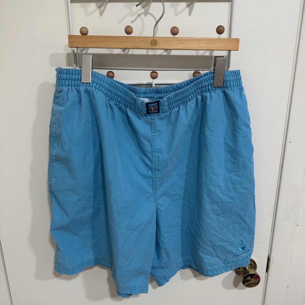 VTG Le Coq Sportif Men's Shorts Elastic Drawstring Tennis Turquoise Teal Size XL